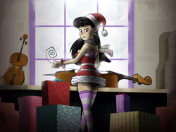 Size: 3159x2363 | Tagged: artist needed, safe, derpibooru import, octavia melody, human, art pack:my little sweetheart, cello, christmas, clothes, costume, ear piercing, earring, eyeshadow, hat, holiday, humanized, jewelry, makeup, musical instrument, piercing, present, santa costume, santa hat, snow, socks, striped socks, violin, window, wrapping paper