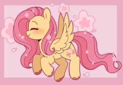 Size: 3440x2383 | Tagged: safe, artist:sakukitty, derpibooru import, blossom, fluttershy, pegasus, pony, g1, g4, cute, female, flower, flowing tail, happy, mare, pink background, pink mane, shyabetes, signature, simple background, spread wings, tail, trotting, unshorn fetlocks, wings, yellow coat