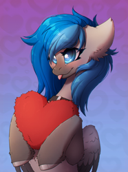 Size: 2226x3000 | Tagged: safe, artist:viryav, derpibooru import, oc, oc only, pegasus, pony, blushing, collar, cute, female, fluffy, gradient background, heart, heart background, mare, smiling, solo, tongue, tongue out