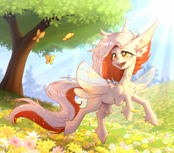 Size: 3000x2652 | Tagged: safe, artist:viryav, derpibooru import, sunburst, oc, oc only, butterfly, pegasus, pony, complex background, day, ear piercing, field, flower, flower field, forest, leaves, light, nature, piercing, smiling, solo, sparkly eyes, sun, tree, wingding eyes, wood