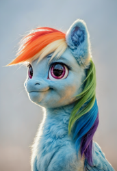Size: 1664x2432 | Tagged: safe, ai content, derpibooru exclusive, derpibooru import, generator:pony diffusion v6 xl, generator:stable diffusion, machine learning generated, rainbow dash, pegasus, pony, g4, bust, chest fluff, ear fluff, ears, fluffy, photorealistic, portrait, prompter:greenvoid, solo, uncanny valley