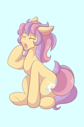 Size: 1365x2048 | Tagged: safe, artist:mscolorsplash, derpibooru import, oc, oc only, oc:daisy wave, earth pony, pony, ears, eyes closed, female, floppy ears, light blue background, mare, open mouth, simple background, sitting, solo, yawn