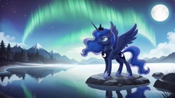 Size: 2560x1440 | Tagged: safe, ai content, derpibooru import, generator:pony diffusion v6 xl, generator:stable diffusion, machine learning generated, princess luna, alicorn, pony, g4, aurora borealis, concave belly, female, full moon, lake, looking sideways, mare, moon, mountain, prompter:siber, reflection, solo, spread wings, standing, starry night, wallpaper, water, wings