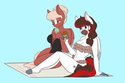 Size: 2048x1365 | Tagged: safe, artist:mscolorsplash, derpibooru import, oc, oc only, anthro, pegasus, plantigrade anthro, beach towel, belly button, big breasts, bikini, blaze (coat marking), breasts, cleavage, clothes, coat markings, curvy, duo, duo female, facial markings, female, food, frilled swimsuit, ice cream, ice cream cone, licking, light blue background, mealy mouth (coat marking), one-piece swimsuit, simple background, sitting, smiling, swimsuit, tongue, tongue out