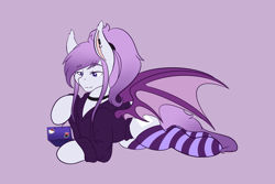 Size: 2048x1365 | Tagged: safe, artist:mscolorsplash, derpibooru import, oc, oc only, bat pony, pony, bat pony oc, clothes, female, hello kitty, hoodie, hoof hold, invader zim, lidded eyes, lying down, mare, prone, purple background, simple background, smiling, socks, solo, spread wings, striped socks, wings