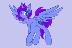 Size: 2048x1365 | Tagged: safe, artist:mscolorsplash, derpibooru import, oc, oc only, alicorn, pony, alicorn oc, choker, colored pupils, female, flower, flower in hair, horn, mare, purple background, simple background, smiling, solo, spread wings, wings