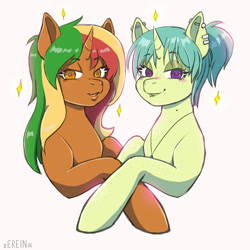 Size: 2000x2000 | Tagged: safe, artist:erein, derpibooru import, oc, oc only, oc:buttercake pie, oc:drawing unique, pony, unicorn, blushing, brown fur, colored, cute, duo, duo female, ear piercing, earring, ears up, female, flat colors, freckles, high res, horn, jewelry, lidded eyes, looking at you, mole, multicolored hair, open mouth, orange eyes, piercing, ponytail, simple background, sketch, smiling, smiling at you, stars, unicorn oc, white background