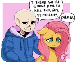 Size: 1283x1050 | Tagged: safe, artist:nubi_mei, derpibooru import, fluttershy, pegasus, pony, abstract background, bone, crossover, female, i think we're gonna have to kill this guy, mare, meme, sans (undertale), skeleton, speech bubble, text, undertale, vulgar