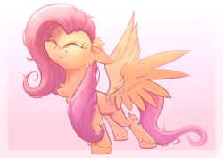 Size: 2970x2100 | Tagged: safe, artist:candy meow, derpibooru import, fluttershy, pegasus, pony, g4, ^^, cheek fluff, chest fluff, ear fluff, ears, eyes closed, female, floppy ears, gradient background, mare, smiling, solo, spread wings, stretching, wings