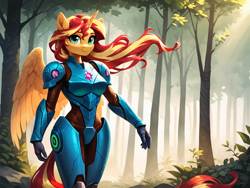 Size: 2048x1536 | Tagged: safe, ai content, derpibooru import, generator:pony diffusion v6 xl, generator:stable diffusion, machine learning generated, sunset shimmer, alicorn, anthro, alicornified, armor, curvy, forest, looking at you, metroid, nature, power armor, prompter:demose, race swap, shimmercorn, solo, tree