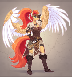 Size: 2068x2208 | Tagged: safe, artist:sparkling_light, derpibooru import, oc, oc only, anthro, pegasus, plantigrade anthro, arm wraps, armor, clothes, colored wings, colored wingtips, female, fingerless gloves, gloves, hide armor, leather, leather armor, leg wraps, scar, smiling, solo, spread wings, wings