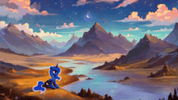 Size: 1024x576 | Tagged: safe, ai content, derpibooru import, machine learning generated, princess luna, animated, gif, moon, mountain, prompter:zzz1247, river, scenery, solo, water