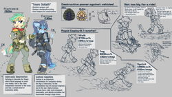 Size: 3840x2160 | Tagged: safe, artist:ravistdash, derpibooru import, oc, oc only, oc:alancasia, oc:carinae, earth pony, pony, semi-anthro, unicorn, aircraft carrier, armor, belly, belly button, bipedal, boots, city, destruction, gun, horn, macro, midriff, plane, reference sheet, running, ship, shoes, smiling, text, underhoof, weapon
