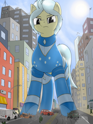Size: 1997x2635 | Tagged: safe, artist:qkersnll, derpibooru import, oc, oc only, oc:ultramare, earth pony, human, pony, car, city, crushing, destruction, female, giant pony, giantess, macro, mare