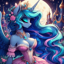 Size: 1024x1024 | Tagged: safe, ai content, derpibooru import, generator:dall-e 3, machine learning generated, princess luna, anthro, g4, big breasts, breasts, castle, cleavage, clothes, corset, crown, dress, eyes closed, flower, flower in hair, jewelry, makeup, moon, moonlight, night, princess balloona, profile, prompter:glimmy-glam, regal, regalia, rose, side view, stars