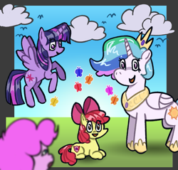 Size: 1601x1531 | Tagged: safe, artist:mannerin, derpibooru import, apple bloom, pinkie pie, princess celestia, twilight sparkle, twilight sparkle (alicorn), alicorn, bird, butterfly, earth pony, pony, cloud, female, filly, foal, grass, lying down, mare, open mouth, prone, smiling