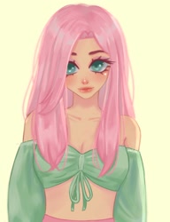Size: 1000x1300 | Tagged: safe, artist:liahsaflor, derpibooru import, fluttershy, human, alternate hairstyle, blushing, clothes, eyeshadow, female, green background, humanized, makeup, pants, shirt, simple background, solo