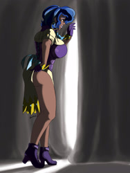 Size: 2536x3375 | Tagged: safe, artist:moronsonofboron, derpibooru import, sapphire shores, human, art pack:my little sweetheart, g4, african american, big breasts, blue hair, breasts, busty sapphire shores, curtains, dark skin, female, high heels, huge breasts, humanized, shoes, solo