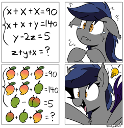 Size: 2594x2664 | Tagged: safe, artist:icey, derpibooru import, oc, oc only, oc:echo, bat pony, pony, g4, comic, ears, fangs, floppy ears, food, high res, hooves together, lightbulb, mango, math, simple background, solo, sweat, white background