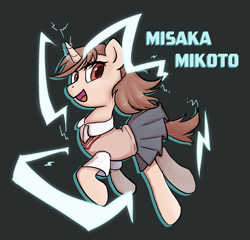Size: 1695x1629 | Tagged: safe, artist:brella, derpibooru import, pony, unicorn, a certain scientific railgun, clothes, dark gray background, electricity, female, filly, foal, horn, misaka mikoto, open mouth, ponified, school uniform, simple background, skirt, smiling, solo, species swap, teenager, text