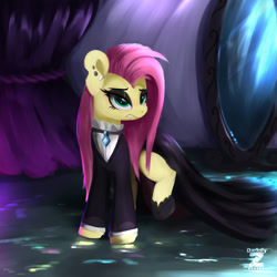 Size: 1920x1920 | Tagged: safe, artist:darksly, derpibooru import, fluttershy, pegasus, pony, clothes, dress, ear piercing, earring, female, fluttergoth, gritted teeth, hoof shoes, jewelry, mare, piercing, redraw, shirt, solo, teeth
