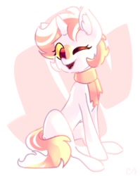 Size: 677x849 | Tagged: safe, artist:kingdom, derpibooru import, oc, oc only, pony, unicorn, clothes, concave belly, countershading, horn, one eye closed, open mouth, open smile, pink mane, scarf, slender, smiling, solo, thin, unicorn oc, white coat, wink