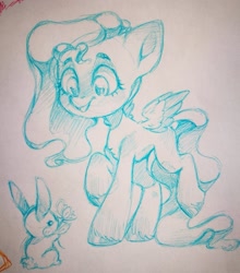 Size: 950x1080 | Tagged: safe, artist:kingdom, derpibooru import, angel bunny, fluttershy, pegasus, pony, rabbit, animal, concave belly, duo, female, flower, mare, pencil drawing, photo, sketch, slender, smiling, thin, traditional art