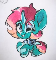 Size: 997x1080 | Tagged: safe, artist:kingdom, derpibooru import, oc, oc only, pony, unicorn, chibi, concave belly, countershading, horn, one eye closed, smiling, solo, traditional art, unicorn oc, wink