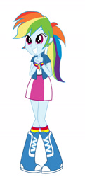 Size: 1024x2107 | Tagged: safe, artist:mlpfan1993, derpibooru import, rainbow dash, human, equestria girls, g4, alternate hairstyle, boots, clothes, cute, dashabetes, female, grin, ponytail, rainbow socks, shoes, simple background, skirt, smiling, socks, solo, striped socks, white background