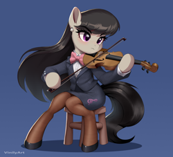 Size: 2032x1842 | Tagged: safe, artist:vinilyart, derpibooru import, octavia melody, earth pony, pony, semi-anthro, g4, blue background, blushing, bow (instrument), bowtie, clothes, colored pinnae, cutie mark on clothes, ear fluff, ear piercing, earring, ears, eye clipping through hair, eyebrows, eyebrows visible through hair, eyelashes, eyeshadow, female, head turn, high res, hoof hold, hoof shoes, jacket, jewelry, looking at something, makeup, mare, musical instrument, piercing, shadow, shirt, signature, simple background, sitting, skirt, solo, stockings, stool, thigh highs, violin