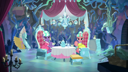 Size: 1280x720 | Tagged: safe, derpibooru import, edit, edited screencap, screencap, earth pony, pony, unicorn, what lies beneath, chair, clothes, cup, dress, fancy dress, female, hooves together, horn, jewelry, lidded eyes, mare, necklace, pearl necklace, sitting, sitting together, smiling, stepford ponies, table, tea party, teacup, teapot