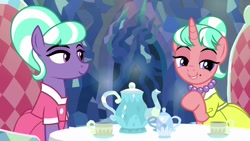 Size: 1280x720 | Tagged: safe, derpibooru import, edit, edited screencap, screencap, pony, unicorn, what lies beneath, clothes, cup, dress, duo, female, horn, jewelry, mare, necklace, nightmare cave, pearl necklace, smiling, stepford ponies, table, tea party, teapot