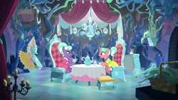 Size: 1280x720 | Tagged: safe, derpibooru import, edit, edited screencap, screencap, earth pony, pony, unicorn, what lies beneath, candle, chair, clothes, cup, dress, duo, female, horn, jewelry, looking at each other, looking at someone, mare, necklace, pearl necklace, smiling, smiling at each other, stepford ponies, table, tea party, teacup, teapot