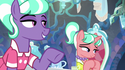 Size: 1280x720 | Tagged: safe, derpibooru import, edit, edited screencap, screencap, earth pony, pony, unicorn, what lies beneath, chair, clothes, cup, dress, duo, female, grin, horn, jewelry, lidded eyes, mare, necklace, pearl necklace, smiling, stepford ponies, table, tea party, teacup, teapot