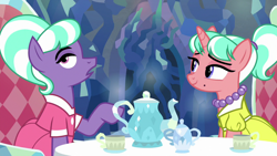 Size: 1280x720 | Tagged: safe, derpibooru import, edit, edited screencap, screencap, earth pony, pony, unicorn, chair, clothes, cup, dress, fancy dress, female, horn, jewelry, mare, necklace, pearl necklace, raised hoof, raised leg, sitting, smiling, stepford ponies, table, tea party, teacup, teapot