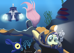 Size: 1600x1132 | Tagged: safe, artist:darkdabula, derpibooru import, fluttershy, fish, pegasus, pony, g4, bubble, coral, crepuscular rays, crossover, dive mask, diving, diving suit, female, flippers (gear), flowing mane, flowing tail, folded wings, goggles, green eyes, mare, ocean, scuba gear, seaweed, signature, solo, submarine, subnautica, sunlight, swimming, tail, underwater, water, wetsuit, wings