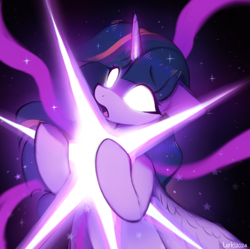 Size: 1906x1899 | Tagged: safe, artist:lerkfruitbat, derpibooru import, twilight sparkle, twilight sparkle (alicorn), alicorn, pony, g4, black background, blank eyes, eyebrows, eyebrows visible through hair, female, glowing, glowing eyes, horn, magic, mare, open mouth, signature, simple background, solo, stars, wings