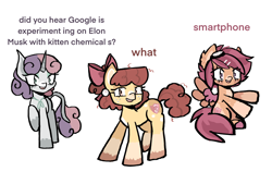 Size: 3186x2148 | Tagged: safe, artist:linatron, derpibooru import, apple bloom, scootaloo, sweetie belle, earth pony, pegasus, unicorn, g4, alternate color palette, alternate design, alternate hairstyle, cutie mark crusaders, desaturated, dialogue, horn, looking at you, meme, simple background, smiling, smiling at you, talking, text, white background