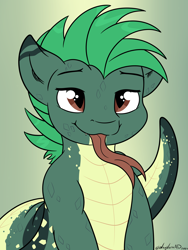 Size: 3000x4000 | Tagged: safe, artist:whyvernad, derpibooru import, oc, oc only, oc:dalar, lamia, original species, gradient background, green hair, male, solo, tongue, tongue out
