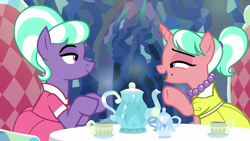 Size: 1280x720 | Tagged: safe, derpibooru import, edit, edited screencap, screencap, earth pony, pony, unicorn, what lies beneath, chair, clothes, cup, dress, fancy dress, female, horn, jewelry, lidded eyes, looking at each other, looking at someone, mare, necklace, open mouth, open smile, pearl necklace, sitting, smiling, smiling at each other, stepford ponies, table, tea party, teacup, teapot
