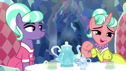 Size: 1280x720 | Tagged: safe, derpibooru import, edit, edited screencap, screencap, pony, what lies beneath, chair, clothes, cup, dress, duo, female, jewelry, lidded eyes, mare, necklace, open mouth, open smile, pearl necklace, sitting, smiling, stepford ponies, table, tea party, teacup, teapot