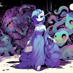 Size: 1024x1024 | Tagged: safe, ai content, derpibooru import, machine learning generated, rarity, anthro, unicorn, g4, body horror, breasts, cleavage, clothes, creature, creepy, dark room, dead eyes, dress, eldritch abomination, eldritch horror, elegant, evening gown, female, high heels, horn, jewelry, monster, mysterious, necklace, night, nightmare fuel, ominous, prompter:horselover fat, purse, reasonably sized breasts, shoes, spooky, surreal, tiled floor, walking, weird