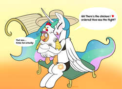Size: 1303x956 | Tagged: safe, artist:therainbowtroll, derpibooru import, princess celestia, scootaloo, alicorn, pegasus, pony, g4, animal costume, beach chair, blushing, chair, chicken suit, clothes, costume, cute, cutealoo, cutelestia, derp, dialogue, everything went better than expected, fire, gradient background, hat, heart, hug, implied trollestia, meme, scootachicken, scootalove, speech bubble, sun, swimsuit, swirly eyes, tanning, to the sun, trollestia