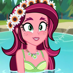 Size: 1649x1649 | Tagged: safe, ai content, derpibooru import, machine learning generated, gloriosa daisy, equestria girls, g4, clothes, forest, jewelry, lake, my little pony equestria girls: legend of everfree, nature, necklace, photoshop, prompter:angeldusk17, swimsuit, tree, water