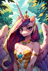 Size: 896x1344 | Tagged: safe, ai content, derpibooru import, machine learning generated, princess cadance, alicorn, anthro, g4, bare shoulders, breasts, bust, cleavage, clothes, dress, female, jewelry, looking at you, mare, necklace, princess cansdance, prompter:saberclaw1x, smiling, smiling at you, solo, tree