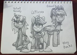 Size: 1507x1080 | Tagged: safe, derpibooru import, oc, oc:calamity, oc:littlepip, oc:velvet remedy, pegasus, pony, unicorn, fallout equestria, black and white, grayscale, horn, monochrome, pencil drawing, traditional art