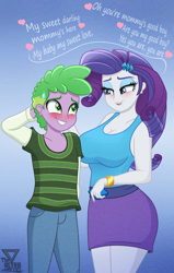 Size: 1900x2990 | Tagged: safe, artist:theretroart88, derpibooru import, rarity, spike, human, equestria girls, g4, arm behind head, big breasts, blushing, breasts, cleavage, clothes, denim, dialogue, duo, female, hairpin, heart, human spike, humanized, jeans, legs together, male, pants, purple skirt, shipping, shirt, skirt, sparity, straight, striped shirt, sweat, sweatdrop