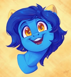 Size: 1989x2160 | Tagged: safe, artist:amishy, derpibooru import, oc, oc only, pony, abstract background, bust, head tilt, looking at you, open mouth, open smile, signature, smiling, smiling at you, solo