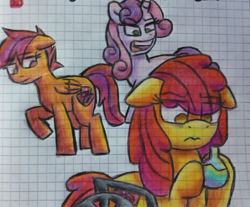 Size: 1285x1062 | Tagged: safe, derpibooru import, apple bloom, scootaloo, sweetie belle, earth pony, pegasus, unicorn, fanfic:another apple sleep experiment, fanfic art, horn, older, older apple bloom, older scootaloo, older sweetie belle, pencil drawing, traditional art