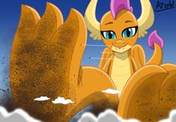 Size: 2803x1939 | Tagged: safe, artist:az12lol, derpibooru import, smolder, dragon, g4, barefoot, barefooting, big feet, claws, crush fetish, crushed, crushing, dirt, dirty, dirty feet, dragoness, feet, female, fetish, foot fetish, foot focus, foot on face, giant dragon, looking at you, macro, mega giant, size comparison, size difference, soles, solo, toes